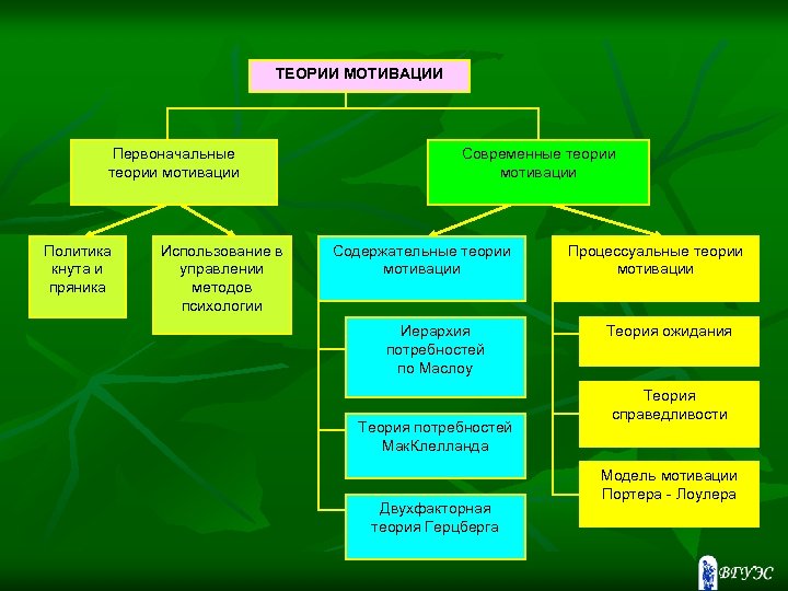 ТЕОРИИ МОТИВАЦИИ Первоначальные теории мотивации Политика кнута и пряника Использование в управлении методов психологии