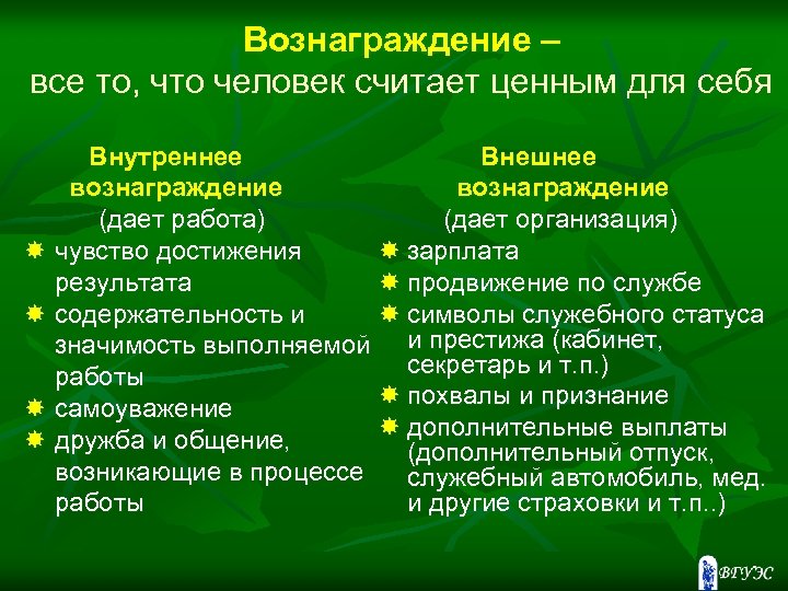 Вознаграждение – все то, что человек считает ценным для себя Внутреннее Внешнее вознаграждение (дает