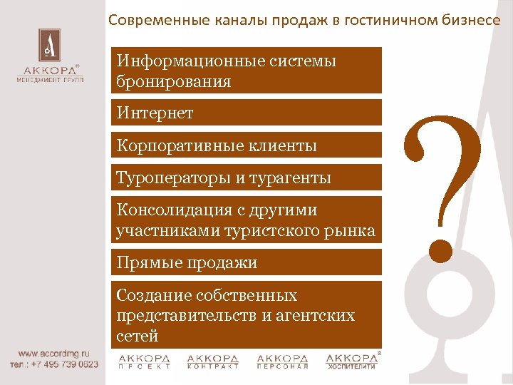 Современные каналы продаж в гостиничном бизнесе Информационные системы бронирования Интернет Корпоративные клиенты Туроператоры и