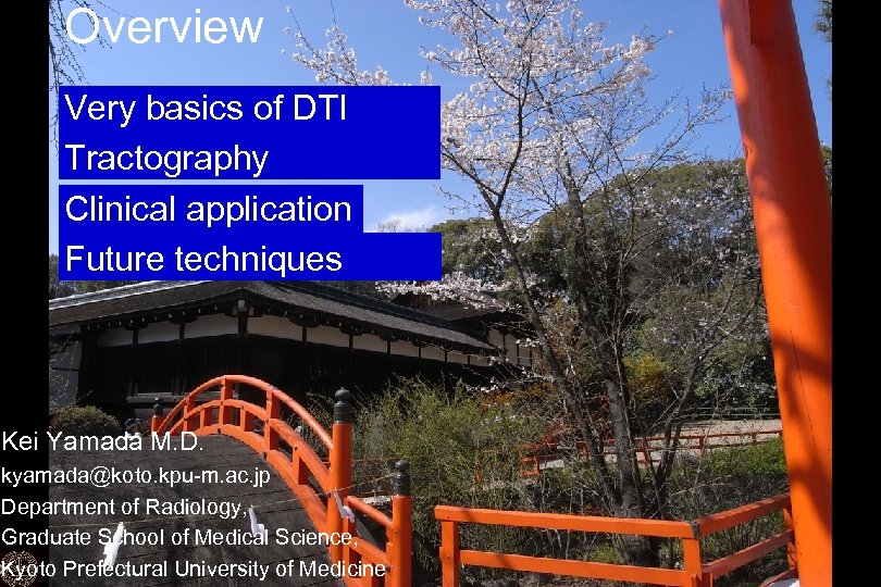 Overview Very basics of DTI Tractography Clinical application Future techniques Kei Yamada M. D.