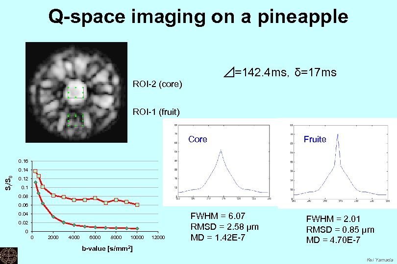 Q-space imaging on a pineapple ⊿=142. 4 ms，δ=17 ms ROI-2 (core) ROI-1 (fruit) Core