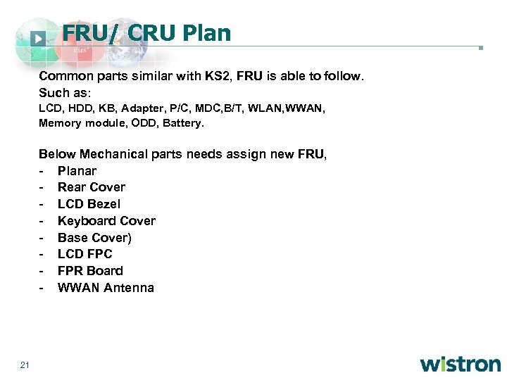 FRU/ CRU Plan Common parts similar with KS 2, FRU is able to follow.