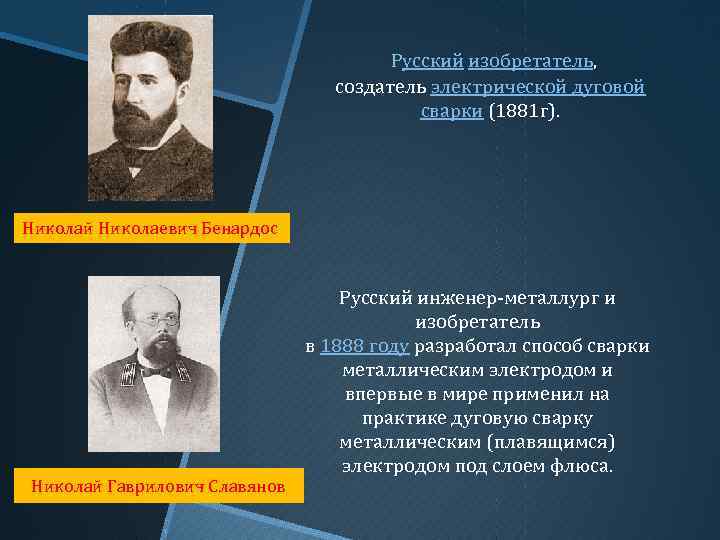  Русский изобретатель, создатель электрической дуговой сварки (1881 г). Николай Николаевич Бенардос Николай Гаврилович