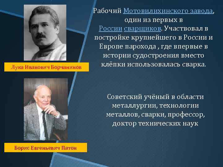 Лука Иванович Борчанинов Рабочий Мотовилихинского завода, один из первых в России сварщиков. Участвовал в