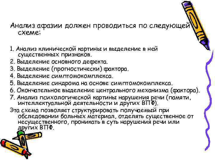 Анализ афазии должен проводиться по следующей схеме: 1. Анализ клинической картины и выделение в