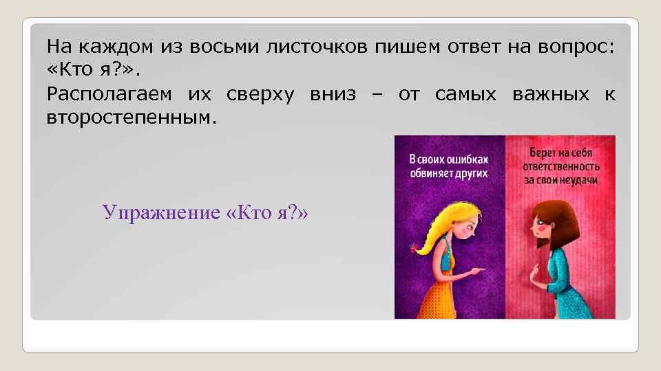 На каждом из восьми листочков пишем ответ на вопрос: «Кто я? » . Располагаем