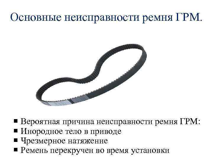 Основные неисправности ремня ГРМ. Вероятная причина неисправности ремня ГРМ: Инородное тело в приводе Чрезмерное
