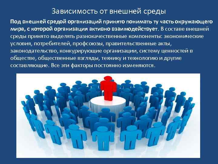 Зависимость от внешней среды Под внешней средой организаций принято понимать ту часть окружающего мира,