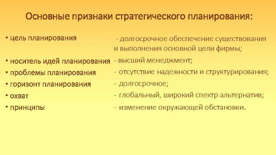 Основные признаки стратегического планирования: • цель планирования - долгосрочное обеспечение существования и выполнения основной