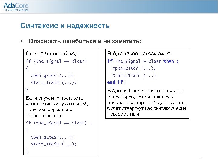 Синтаксис и надежность • Опасность ошибиться и не заметить: Си - правильный код: В