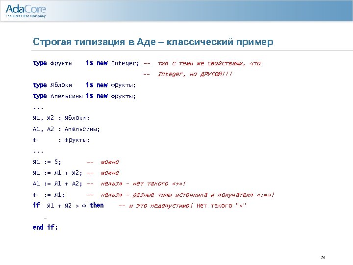 Строгая типизация в Аде – классический пример type Фрукты is new Integer; -- -type