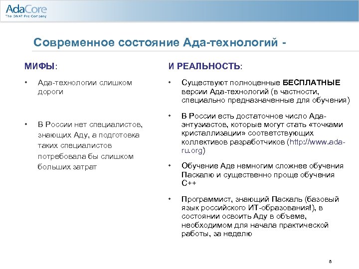 Современное состояние Ада-технологий МИФЫ: И РЕАЛЬНОСТЬ: • • Существуют полноценные БЕСПЛАТНЫЕ версии Ада-технологий (в