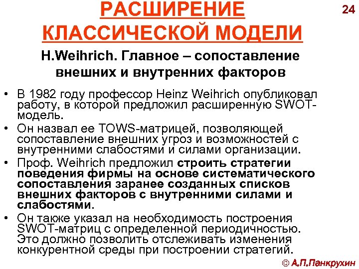 РАСШИРЕНИЕ КЛАССИЧЕСКОЙ МОДЕЛИ 24 H. Weihrich. Главное – сопоставление внешних и внутренних факторов •