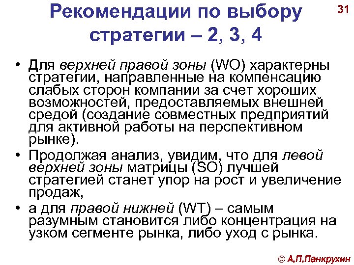 Рекомендации по выбору стратегии – 2, 3, 4 31 • Для верхней правой зоны