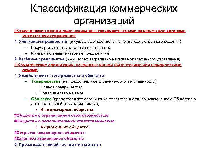 Классификация коммерческих организаций I. Коммерческие организации, созданные государственными органами или органами местного самоуправления 1.