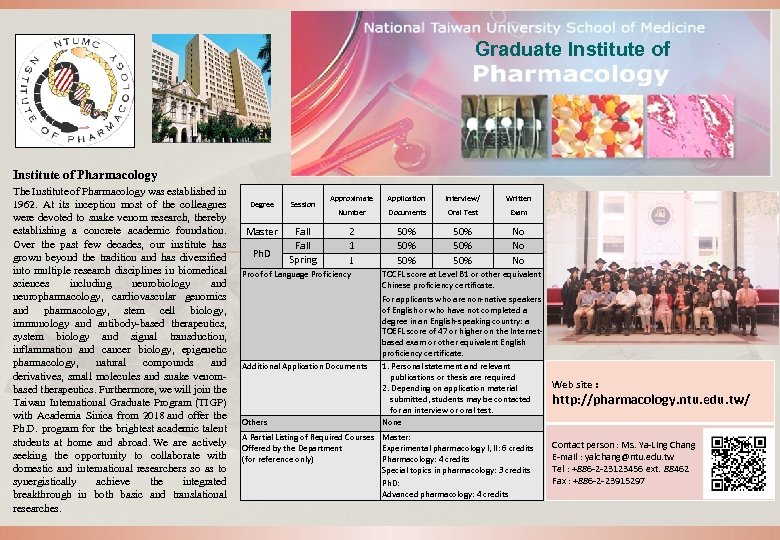 Graduate Institute of Pharmacology The Institute of Pharmacology was established in 1962. At its