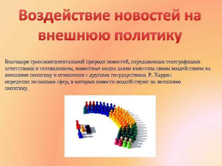 Воздействие новостей на внешнюю политику Благодаря трансконтинентальной природе новостей, передаваемых телеграфными агентствами и телевидением,