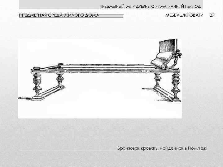 ПРЕДМЕТНЫЙ МИР ДРЕВНЕГО РИМА. РАННИЙ ПЕРИОД ПРЕДМЕТНАЯ СРЕДА ЖИЛОГО ДОМА МЕБЕЛЬ/КРОВАТИ Бронзовая кровать, найденная