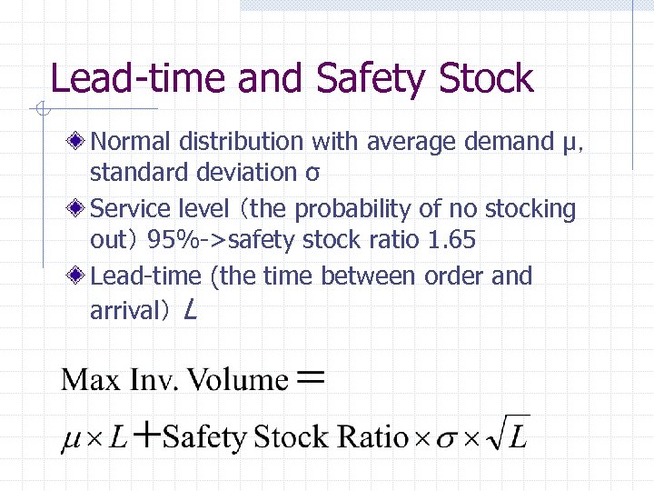 Lead-time and Safety Stock Normal distribution with average demand μ， standard deviation σ Service