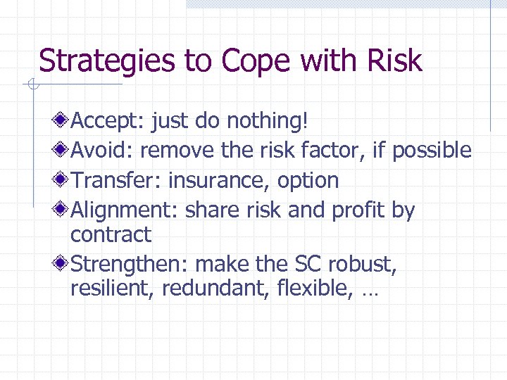 Strategies to Cope with Risk Accept: just do nothing! Avoid: remove the risk factor,