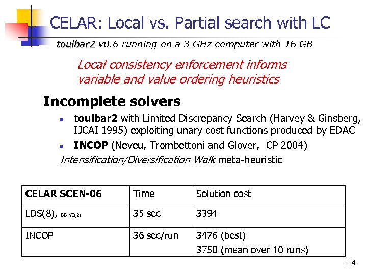 CELAR: Local vs. Partial search with LC toulbar 2 v 0. 6 running on