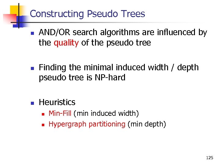 Constructing Pseudo Trees n n n AND/OR search algorithms are influenced by the quality