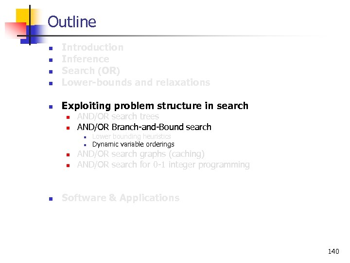 Outline n Introduction Inference Search (OR) Lower-bounds and relaxations n Exploiting problem structure in