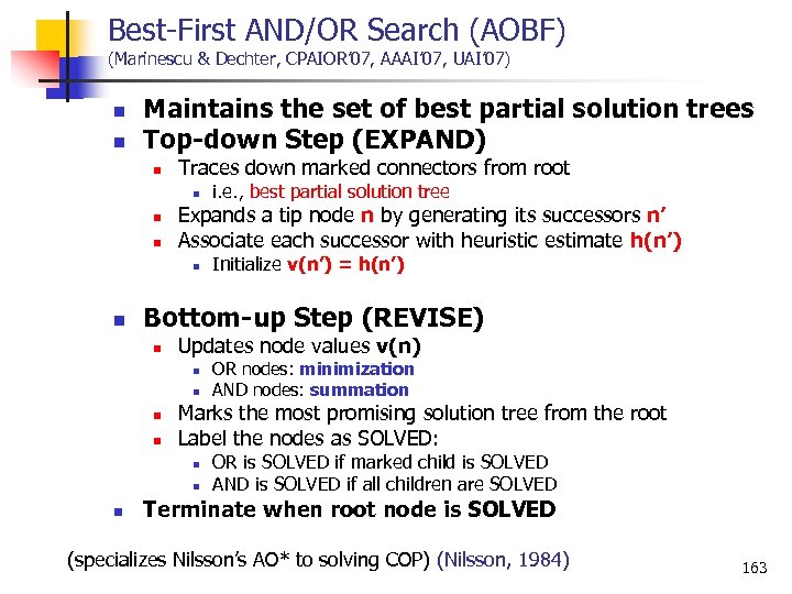 Best First AND/OR Search (AOBF) (Marinescu & Dechter, CPAIOR’ 07, AAAI’ 07, UAI’ 07)