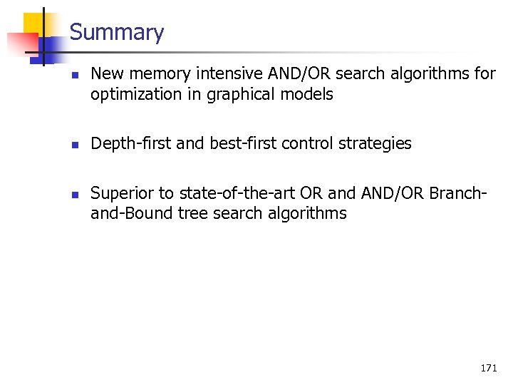 Summary n n n New memory intensive AND/OR search algorithms for optimization in graphical