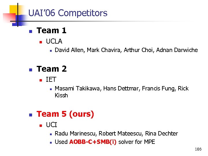 UAI’ 06 Competitors n Team 1 n UCLA n n Team 2 n IET