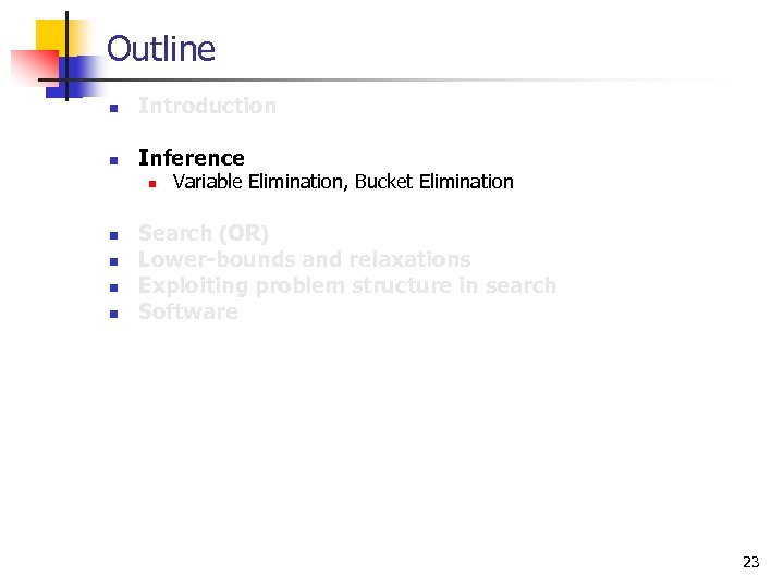 Outline n Introduction n Inference n n n Variable Elimination, Bucket Elimination Search (OR)