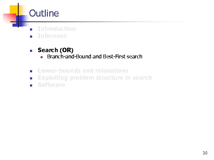 Outline n Introduction Inference n Search (OR) n n n Branch and Bound and
