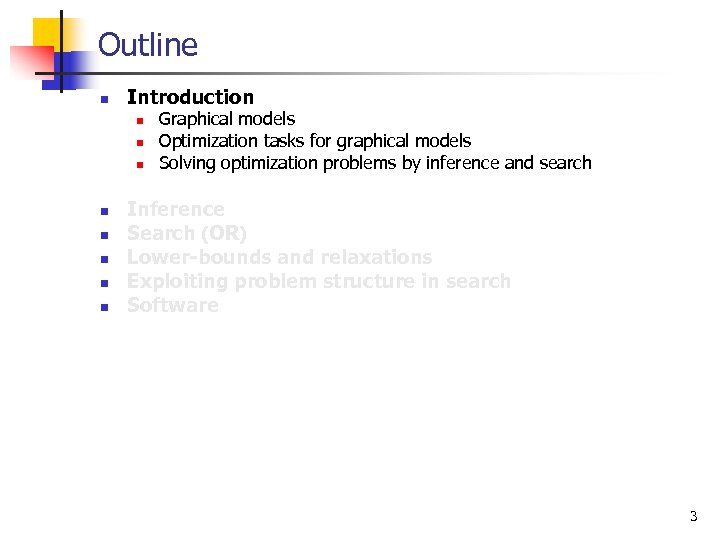 Outline n Introduction n n n n Graphical models Optimization tasks for graphical models