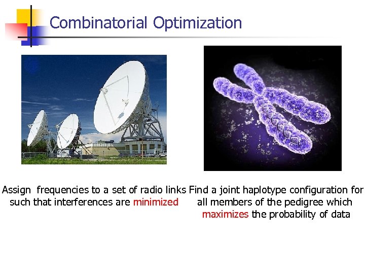 Combinatorial Optimization Assign frequencies to a set of radio links Find a joint haplotype