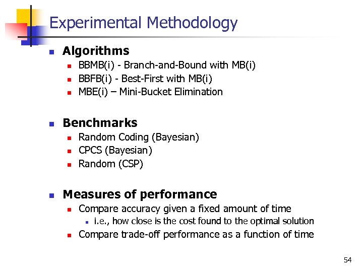 Experimental Methodology n Algorithms n n Benchmarks n n BBMB(i) Branch and Bound with