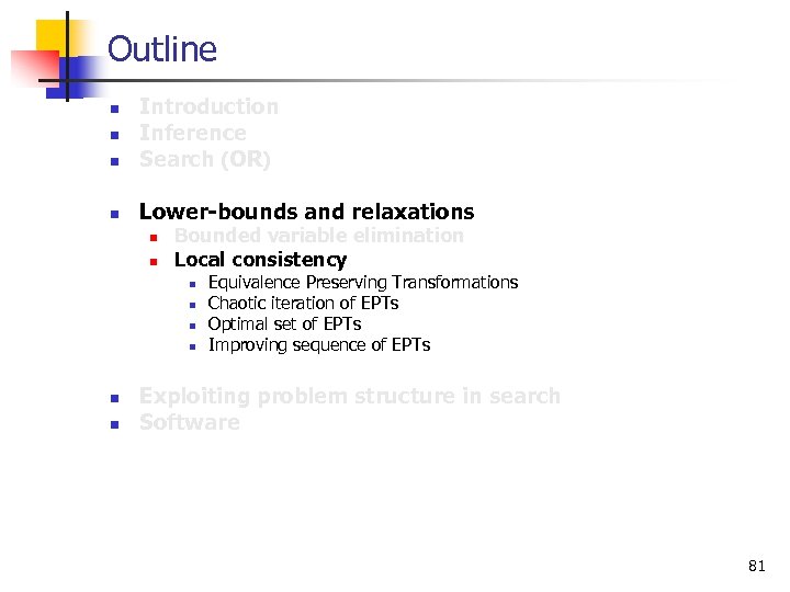 Outline n Introduction Inference Search (OR) n Lower-bounds and relaxations n n Bounded variable