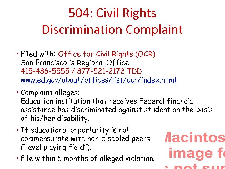 504: Civil Rights Discrimination Complaint • Filed with: Office for Civil Rights (OCR) San