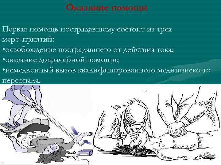 Оказание помощи Первая помощь пострадавшему состоит из трех меро приятий: • освобождение пострадавшего от