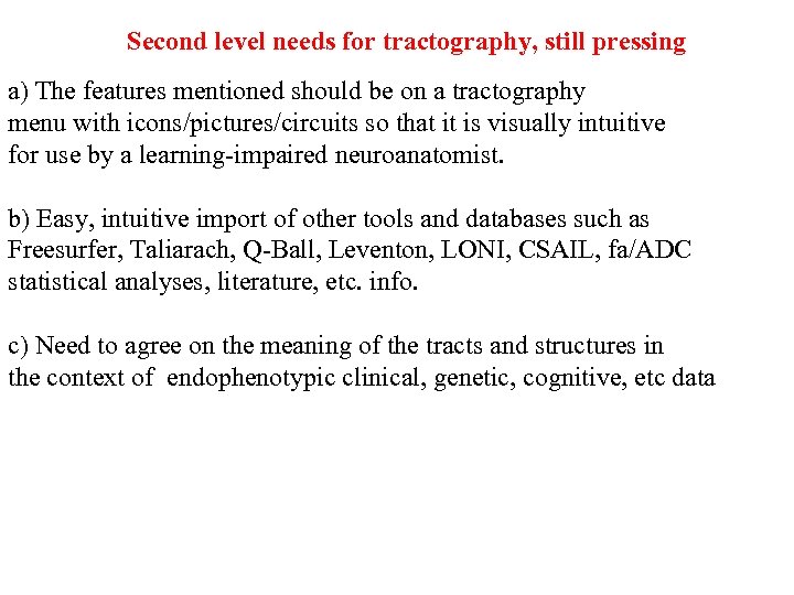 Second level needs for tractography, still pressing a) The features mentioned should be on