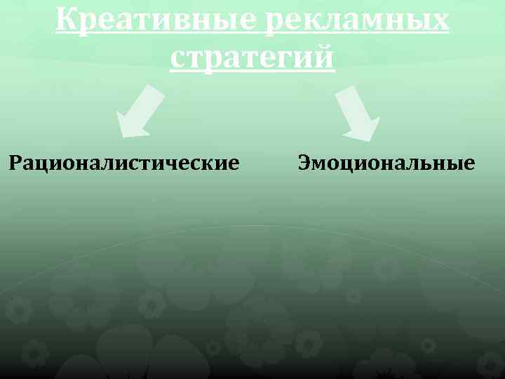 Креативные рекламных стратегий Рационалистические Эмоциональные 