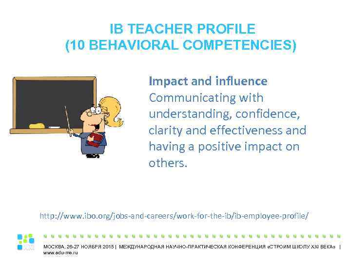 IB TEACHER PROFILE (10 BEHAVIORAL COMPETENCIES) Impact and influence Communicating with understanding, confidence, clarity