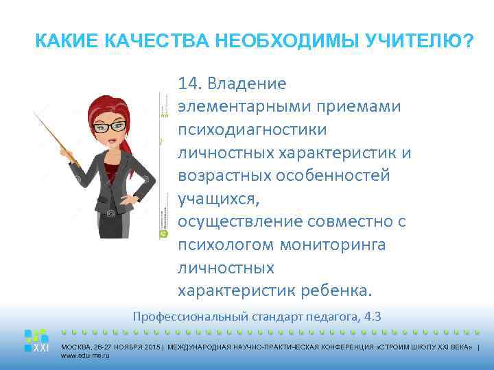 КАКИЕ КАЧЕСТВА НЕОБХОДИМЫ УЧИТЕЛЮ? 14. Владение элементарными приемами психодиагностики личностных характеристик и возрастных особенностей