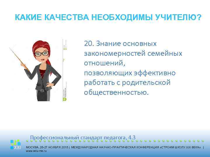 КАКИЕ КАЧЕСТВА НЕОБХОДИМЫ УЧИТЕЛЮ? 20. Знание основных закономерностей семейных отношений, позволяющих эффективно работать с