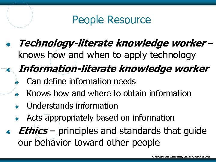 People Resource Technology-literate knowledge worker – knows how and when to apply technology Information-literate