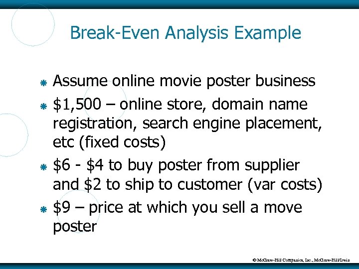 Break-Even Analysis Example Assume online movie poster business $1, 500 – online store, domain