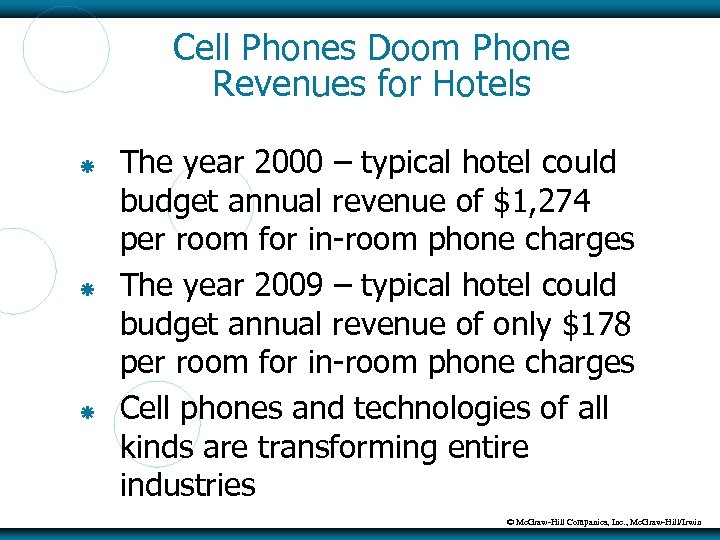 Cell Phones Doom Phone Revenues for Hotels The year 2000 – typical hotel could