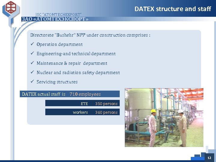 DATEX structure and staff JSC “ATOMTECHEXPORT” ЗАО «АТОМТЕХЭКСПОРТ» Directorate “Bushehr” NPP under construction comprises