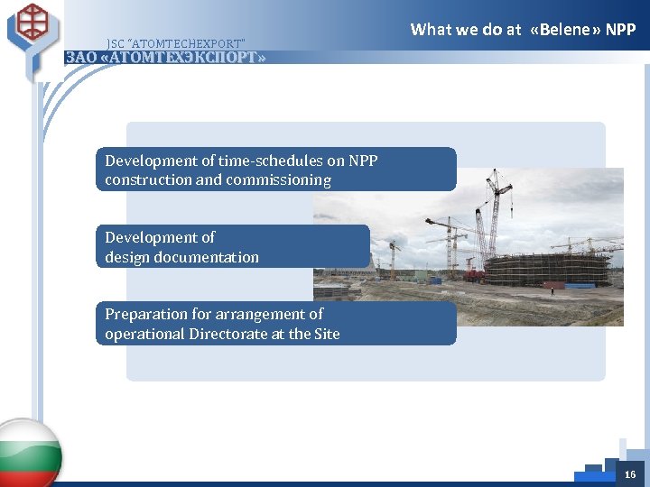 JSC “ATOMTECHEXPORT” What we do at «Belene» NPP ЗАО «АТОМТЕХЭКСПОРТ» Development of time-schedules on
