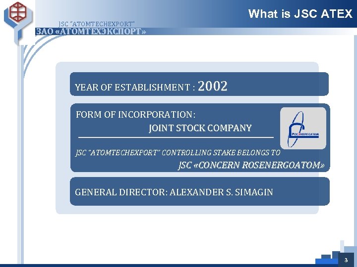 What is JSC ATEX JSC “ATOMTECHEXPORT” ЗАО «АТОМТЕХЭКСПОРТ» YEAR OF ESTABLISHMENT : 2002 FORM