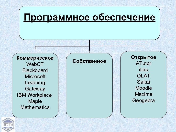 Программное обеспечение Коммерческое Web. CT Blackboard Microsoft Learning Gateway IBM Workplace Maple Mathematica Собственное